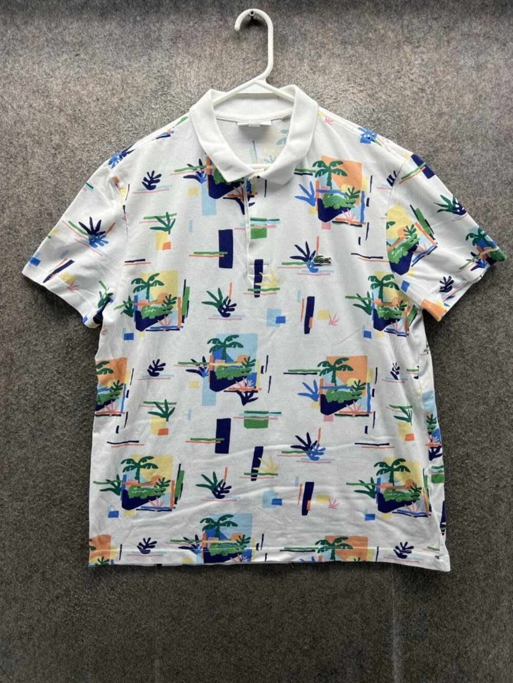 Lacoste Polo Shirt Men XL White Tropical Graphic Allover Print Logo Casual